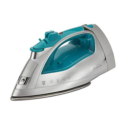 Sunbeam Steammaster 1400 Watt Iron with 8' Retractable Cord, Large Anti-Drip Nonstick Stainless Steel Soleplate, Horizontal or Vertical Shot of Steam and 3-Way Auto Shut-Off, Chrome/Teal - 1