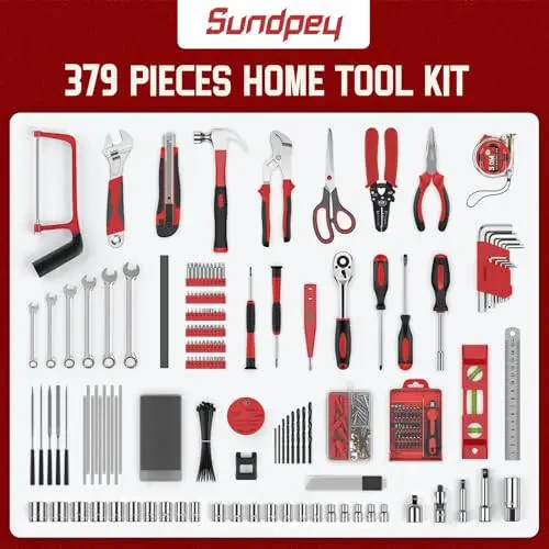 Sundpey Home Tool Kit with Drawer - 379-PCs Portable Complete Household and Auto Repair Tool Set - Hand General Basic Tool Box Storage Case - Full Basic Toolkit for Handyman & Diyer & Homeowner Red - 2