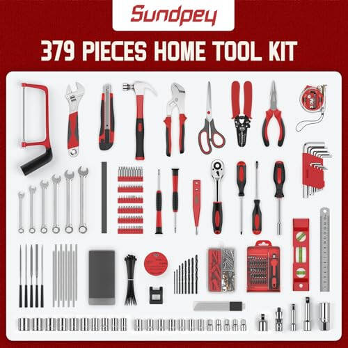 Sundpey Home Tool Kit with Drawer - 379-PCs Portable Complete Household and Auto Repair Tool Set - Hand General Basic Tool Box Storage Case - Full Basic Toolkit for Handyman & Diyer & Homeowner Red - 2