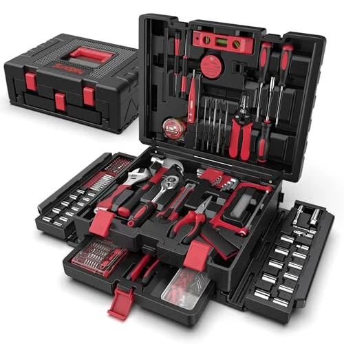 Sundpey Home Tool Kit with Drawer - 379-PCs Portable Complete Household and Auto Repair Tool Set - Hand General Basic Tool Box Storage Case - Full Basic Toolkit for Handyman & Diyer & Homeowner Red - Sundpey