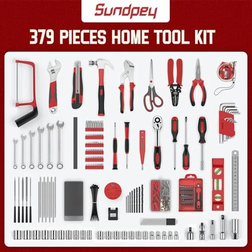 Sundpey Home Tool Kit with Drawer - 379-PCs Portable Complete Household and Auto Repair Tool Set - Hand General Basic Tool Box Storage Case - Full Basic Toolkit for Handyman & Diyer & Homeowner Red - Sundpey (1)