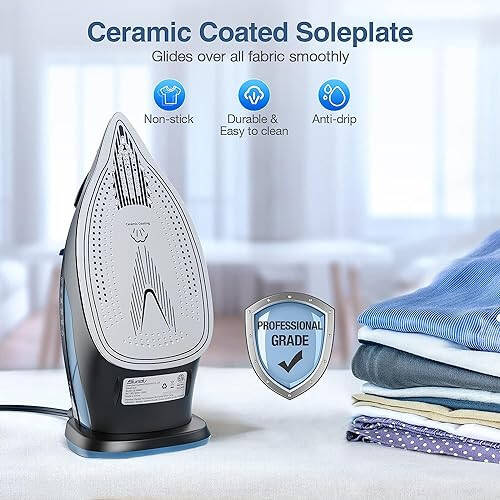 Sundu Steam Iron for Clothes with Rapid Heating Ceramic Coated Soleplate, 1700W with Precise Thermostat Dial, Self-Cleaning, Auto-Off, 15.21oz Water Tank for Home Clothes Ironing Use, Blue - 1