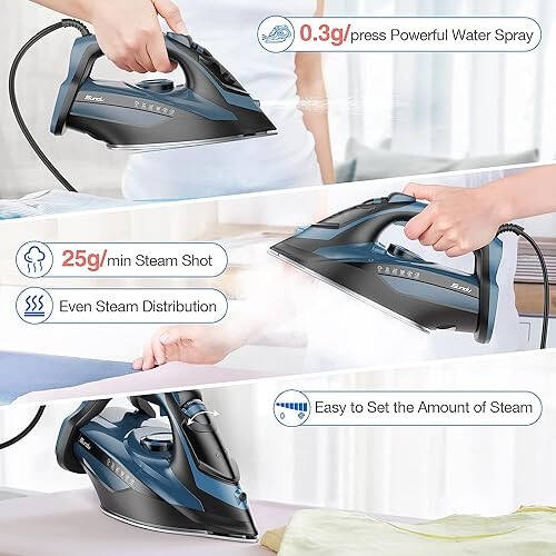 Sundu Steam Iron for Clothes with Rapid Heating Ceramic Coated Soleplate, 1700W with Precise Thermostat Dial, Self-Cleaning, Auto-Off, 15.21oz Water Tank for Home Clothes Ironing Use, Blue - 4