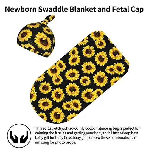 Sunflower Newborn Swaddle Blanket with Hat Set Baby Stuff Receiving Blankets Soft Transition Sleep Sacks Gifts for Infant Boys Girls - 2