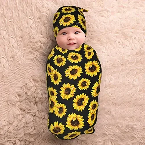 Sunflower Newborn Swaddle Blanket with Hat Set Baby Stuff Receiving Blankets Soft Transition Sleep Sacks Gifts for Infant Boys Girls - 5
