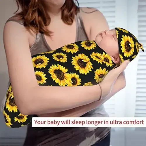 Sunflower Newborn Swaddle Blanket with Hat Set Baby Stuff Receiving Blankets Soft Transition Sleep Sacks Gifts for Infant Boys Girls - 6