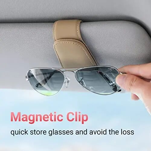 Sunglass Holder for Car Sun Visor Sunglasses Clip Car accessories -Beige | sun visor organizer, ticket card clip, eyeglass sunglasses holder, one-handed magnetic, anti-scratch, car stuff for women men - Sunglass (1)