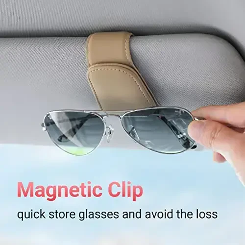 Sunglass Holder for Car Visor Sunglasses Clip Magnetic Leather Glasses Eyeglass Holder Interior Car Accessories for Woman Man - 2 Packs Beige - Sunglass (1)