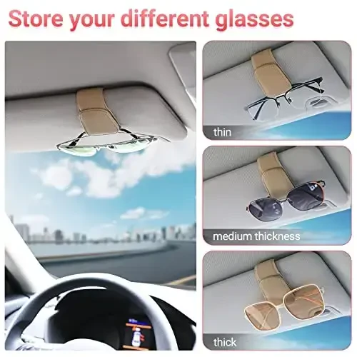Sunglass Holder for Car Visor Sunglasses Clip Magnetic Leather Glasses Eyeglass Holder Interior Car Accessories for Woman Man - 2 Packs Beige - 3