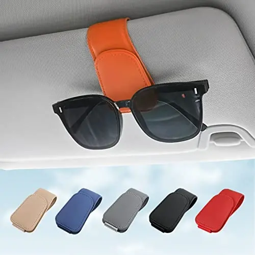 Sunglass Holder for Car Visor Sunglasses Clip Magnetic Leather Glasses Eyeglass Holder Truck Car Interior Accessories Universal for Woman Man -Orange 