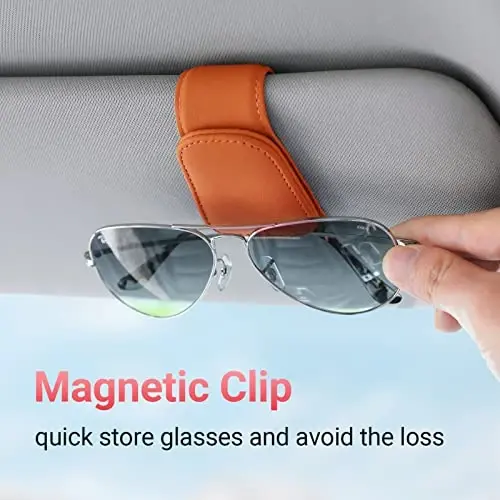 Sunglass Holder for Car Visor Sunglasses Clip Magnetic Leather Glasses Eyeglass Holder Truck Car Interior Accessories Universal for Woman Man -Orange - 2