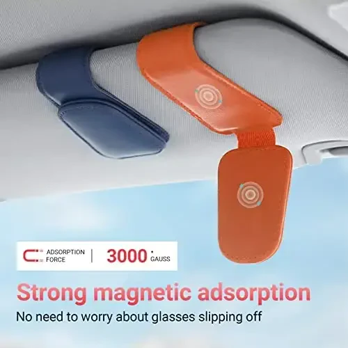 Sunglass Holder for Car Visor Sunglasses Clip Magnetic Leather Glasses Eyeglass Holder Truck Car Interior Accessories Universal for Woman Man -Orange - 4
