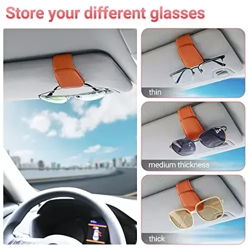 Sunglass Holder for Car Visor Sunglasses Clip Magnetic Leather Glasses Eyeglass Holder Truck Car Interior Accessories Universal for Woman Man -Orange - 5