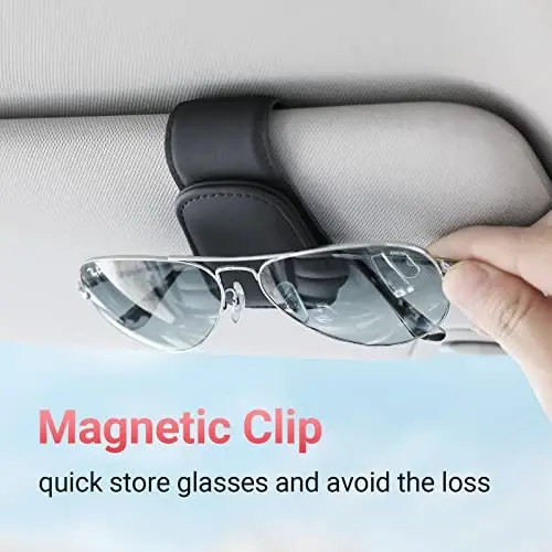 Sunglass Holder for Car Visor Sunglasses Clip Magnetic Leather Glasses Eyeglass Holder Truck Interior Car Accessories for Woman Man - Black - 2