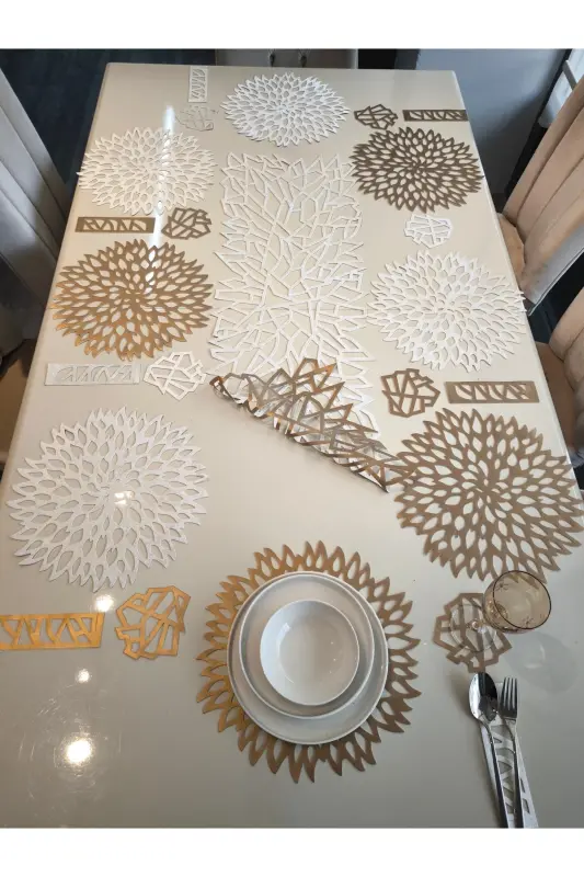 Suni Deri/1 Ad.runner,8 Servis,8 B.altlığı,8 Kaşıklık/yemek Sunum Takımı/8 Kişilik/25 Parça/gold - GOLD - 6