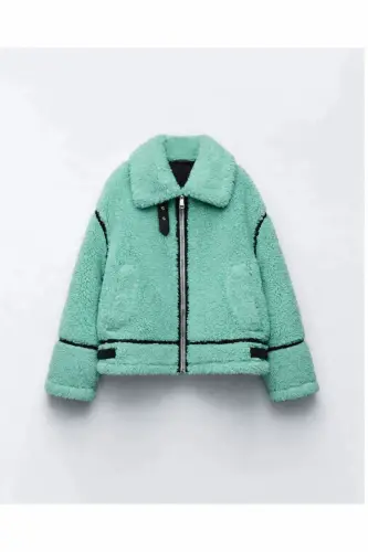 Suni Kürklü Peluş Ceket 783-Su Yeşil - 1