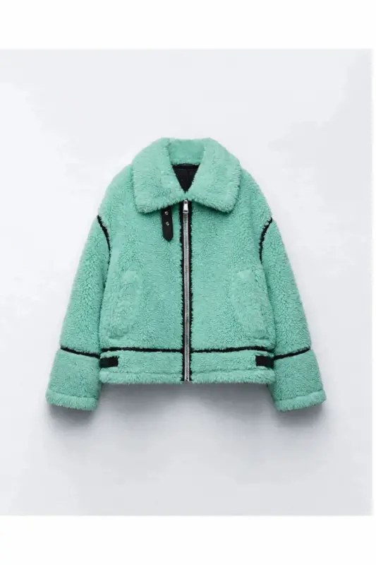 Suni Kürklü Peluş Ceket 783-Su Yeşil - 1