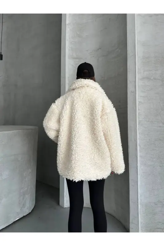Suni Kürklü Siyah Peluş Ceket - Beyaz Kuzu - 5