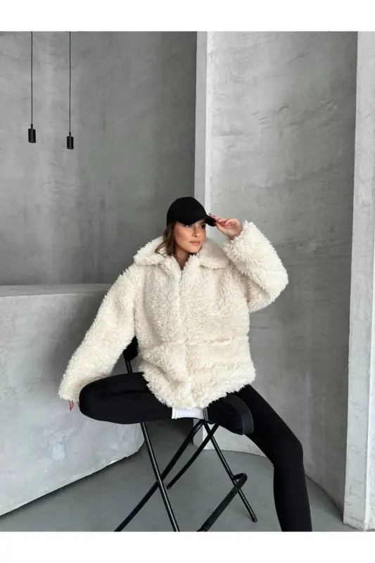 Suni Kürklü Siyah Peluş Ceket - Beyaz Kuzu - 6