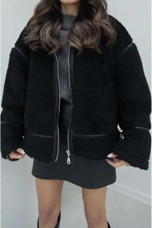 Suni Kürklü Siyah Peluş Ceket-PELUŞ - 3