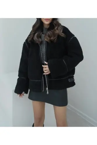 Suni Kürklü Siyah Peluş Ceket-PELUŞ - 1