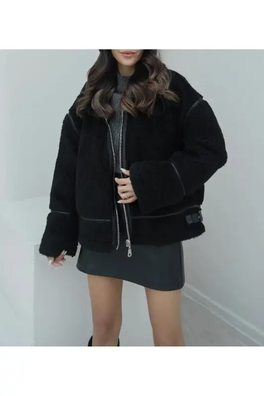Suni Kürklü Siyah Peluş Ceket-PELUŞ - 1