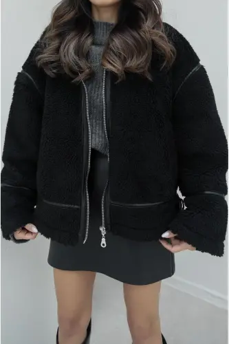 Suni Kürklü Siyah Peluş Ceket-PELUŞ - 3