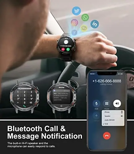 SUNKTA erkaklar uchun aqlli soat Bluetooth qo'ng'iroqlari bilan, 1,39''HD sensorli ekranli taktik aqlli soat Android va iPhone uchun, 5ATM suv o'tkazmaydigan fitnes soati qon bosimi/yurak urish tezligi monitori Qora silikon - 2