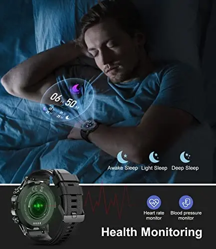 SUNKTA erkaklar uchun aqlli soat Bluetooth qo'ng'iroqlari bilan, 1,39''HD sensorli ekranli taktik aqlli soat Android va iPhone uchun, 5ATM suv o'tkazmaydigan fitnes soati qon bosimi/yurak urish tezligi monitori Qora silikon - 4