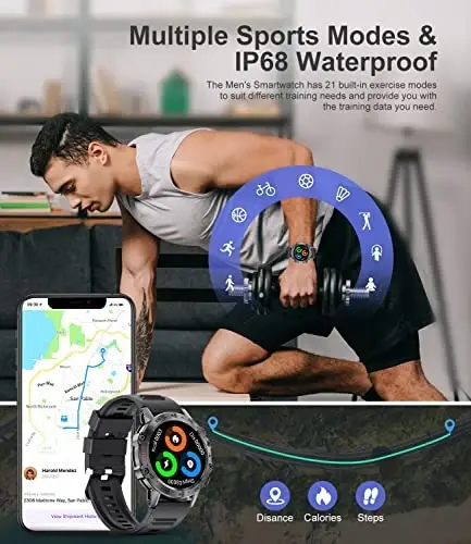 SUNKTA erkaklar uchun aqlli soat Bluetooth qo'ng'iroqlari bilan, 1,39''HD sensorli ekranli taktik aqlli soat Android va iPhone uchun, 5ATM suv o'tkazmaydigan fitnes soati qon bosimi/yurak urish tezligi monitori Qora silikon - 5