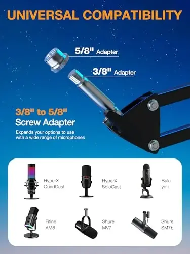 QuadCast Boom Arm, Mic Arm for Blue Yeti HyperX QuadCast SoloCast Fifine AM8 and Most Microphone, Mic Stand Desk with 3/8