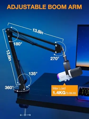 QuadCast Boom Arm, Mic Arm for Blue Yeti HyperX QuadCast SoloCast Fifine AM8 and Most Microphone, Mic Stand Desk with 3/8