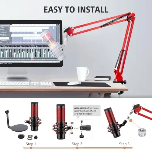 SUNMON HyperX QuadCast Boom Arm - Shamoldan himoya, ovoz yalıtımı va shovqinni kamaytirish bilan yangilangan qizil boom qo'l, 3/8