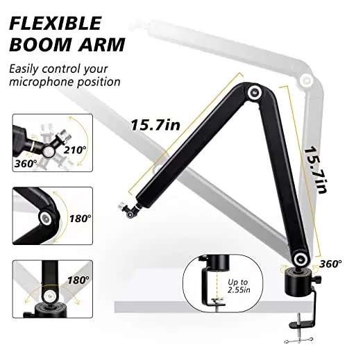 SUNMON Mic Stand Boom Arm - Microphone Arm Compatible with HyperX QuadCast, 360° Rotation Microphone Stand, Weighted Metal Mic Boom Arm for HyperX QuadCast,Blue Yeti,Shure MV7,Rode and Most Gaming - 2