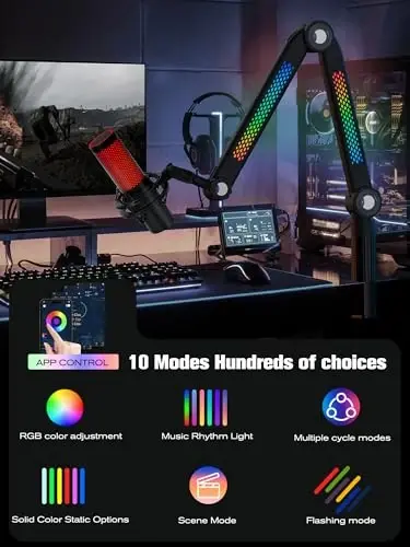 SUNMON RGB Mic Arm – Blue Yeti, HyperX QuadCast, Rode, Fifine AM8 va boshqalar uchun RhytModazone RGB yoritgichli sozlanishi Boom Arm – Podkast, striming va o'yinlar uchun ideal - 3