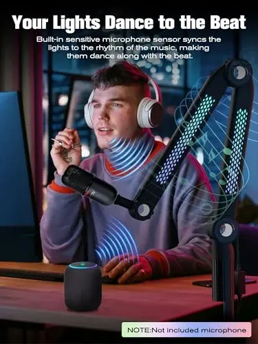 SUNMON RGB Mic Arm – Adjustable Boom Arm with RhytModazone RGB Lighting for Blue Yeti, HyperX QuadCast, Rode, Fifine AM8, and More – Perfect for Podcasting, Streaming, and Gaming - 2
