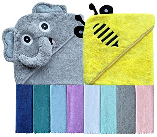 Sunny zzzZZ Baby Hooded Bath Towel and Washcloth Sets, Essentials for Newborn Boy Girl, Shower Gifts Infant Toddler - 2 8 Washcloths Yellow Bee Grey Elephant - 1