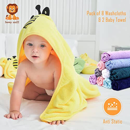 Sunny zzzZZ Baby Hooded Bath Towel and Washcloth Sets, Essentials for Newborn Boy Girl, Shower Gifts Infant Toddler - 2 8 Washcloths Yellow Bee Grey Elephant - 2