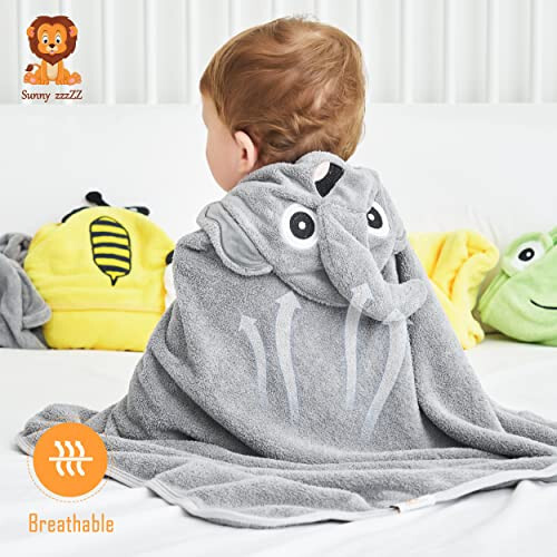 Sunny zzzZZ Baby Hooded Bath Towel and Washcloth Sets, Essentials for Newborn Boy Girl, Shower Gifts Infant Toddler - 2 8 Washcloths Yellow Bee Grey Elephant - 3