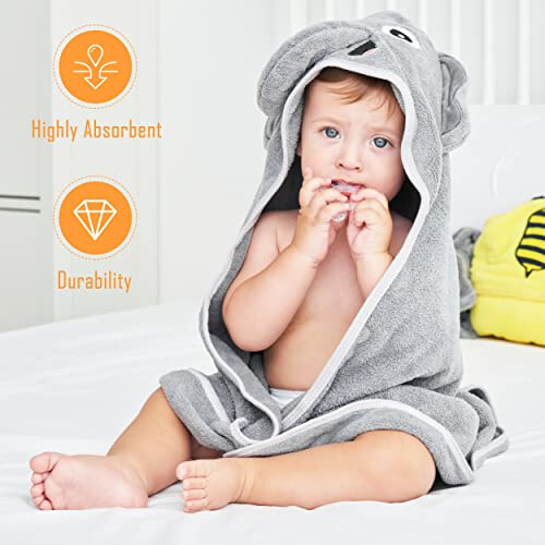 Sunny zzzZZ Baby Hooded Bath Towel and Washcloth Sets, Essentials for Newborn Boy Girl, Shower Gifts Infant Toddler - 2 8 Washcloths Yellow Bee Grey Elephant - 5