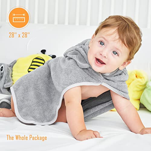 Sunny zzzZZ Baby Hooded Bath Towel and Washcloth Sets, Essentials for Newborn Boy Girl, Shower Gifts Infant Toddler - 2 8 Washcloths Yellow Bee Grey Elephant - 7