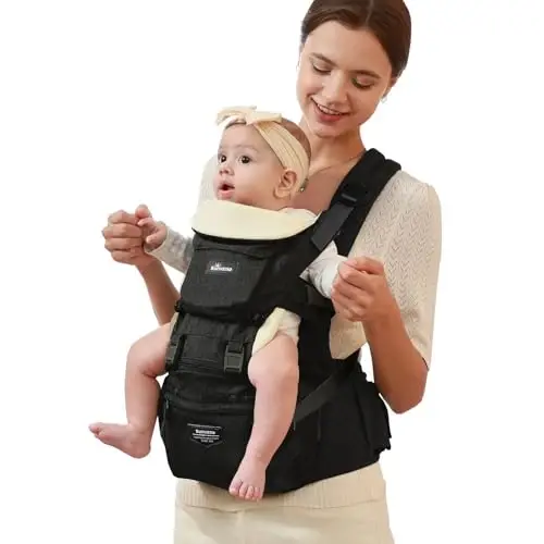 SUNVENO 3 in 1 Ergonomic Baby Carrier with Hip Seat for Newborns and Toddlers, Supports 20 lbs and Up, Waist and Back Relief with Large Weight Capacity for All Season Use,Black - 3