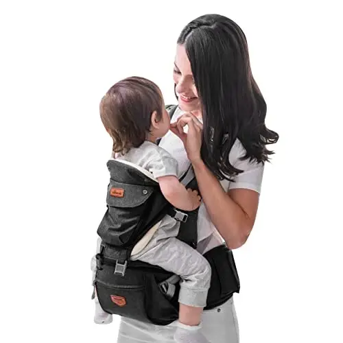 SUNVENO 3 in 1 Ergonomic Baby Carrier with Hip Seat for Newborns and Toddlers, Supports 20 lbs and Up, Waist and Back Relief with Large Weight Capacity for All Season Use,Black - SUNVENO