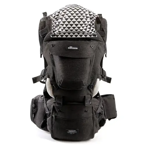 SUNVENO 3 in 1 Ergonomic Baby Carrier with Hip Seat for Newborns and Toddlers, Supports 20 lbs and Up, Waist and Back Relief with Large Weight Capacity for All Season Use,Black - 2