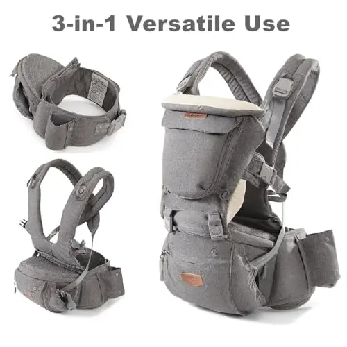 SUNVENO Baby Hipseat Ergonomic Baby Carrier Soft Cotton 6 in 1 Safety Infant Newborn Hip Seat for Home, Outdoor, Travel, 6-36 Months Babies Girls and Boys, Grey - 1