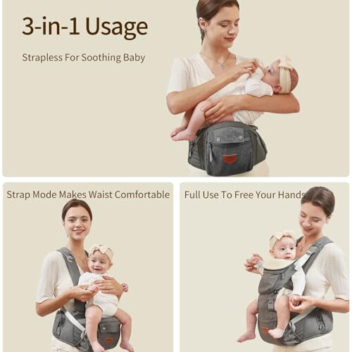 SUNVENO Baby Hipseat Ergonomic Baby Carrier Soft Cotton 6 in 1 Safety Infant Newborn Hip Seat for Home, Outdoor, Travel, 6-36 Months Babies Girls and Boys, Grey - 35