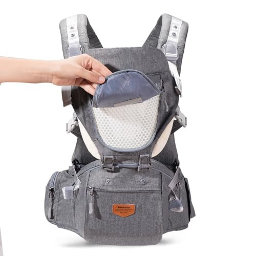 SUNVENO Baby Hipseat Ergonomic Baby Carrier Soft Cotton 6 in 1 Safety Infant Newborn Hip Seat for Home, Outdoor, Travel, 6-36 Months Babies Girls and Boys, Grey - 36