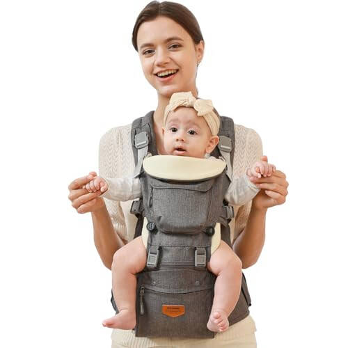 SUNVENO Baby Hipseat Ergonomic Baby Carrier Soft Cotton 6 in 1 Safety Infant Newborn Hip Seat for Home, Outdoor, Travel, 6-36 Months Babies Girls and Boys, Grey - 37