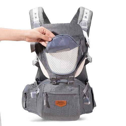 SUNVENO Baby Hipseat Ergonomic Baby Carrier Soft Cotton 6 in 1 Safety Infant Newborn Hip Seat for Home, Outdoor, Travel, 6-36 Months Babies Girls and Boys, Grey - 30