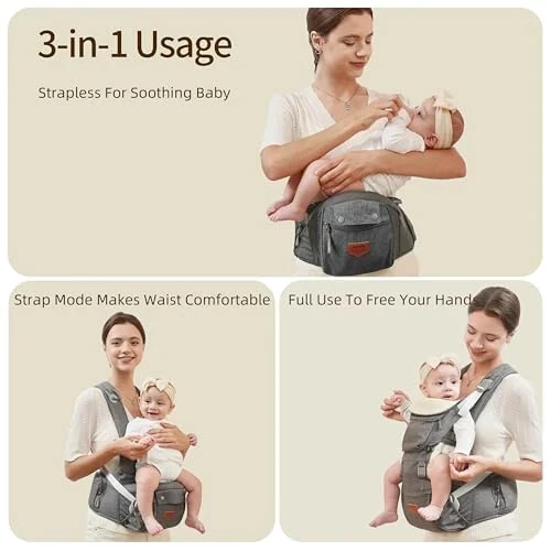 SUNVENO 3 in 1 Ergonomic Baby Carrier with Hip Seat for Newborns and Toddlers, Supports 20 lbs and Up, Waist and Back Relief with Large Weight Capacity for All Season Use, Grey - SUNVENO